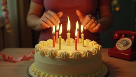 A wave of nostalgia! Hands blow out candles on a classic birthday cake in a warm, 70s-inspired setting with vintage decor and film texture.の素材