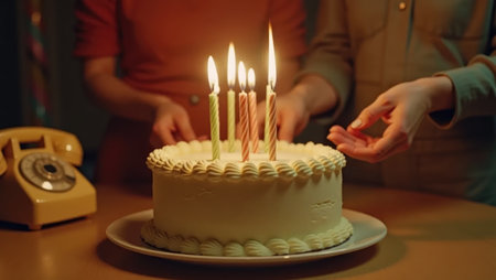 A wave of nostalgia! Hands blow out candles on a classic birthday cake in a warm, 70s-inspired setting with vintage decor and film texture.の素材