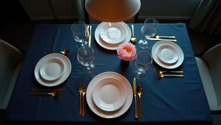 An elegant and minimalist dinner table set for guests. Navy tablecloth, gold cutlery, and soft lighting create a mood of sophisticated and intimate anticipation.の素材