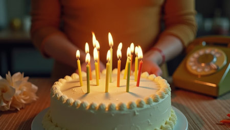 A wave of nostalgia! Hands blow out candles on a classic birthday cake in a warm, 70s-inspired setting with vintage decor and film texture.の素材