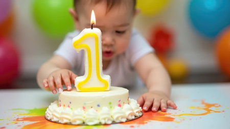 The joy of a first birthday! Baby's tiny, frosting-covered hands attempt to blow out the candle amidst a blur of bright colors and balloons.の素材