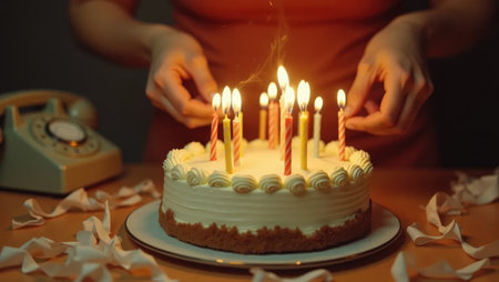 A wave of nostalgia! Hands blow out candles on a classic birthday cake in a warm, 70s-inspired setting with vintage decor and film texture.の素材