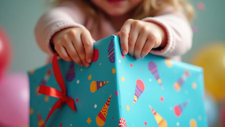 The joy of a birthday surprise! Child's hands tear open bright wrapping paper amidst a festive blur of confetti and balloons, full of excitement.の素材