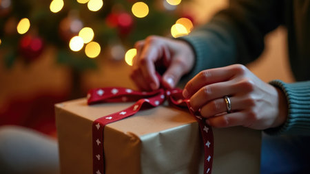 A moment of joyful anticipation: hands eagerly unwrap a festive gift. Torn paper and a soft bokeh background of Christmas lights create a magical atmosphere.の素材