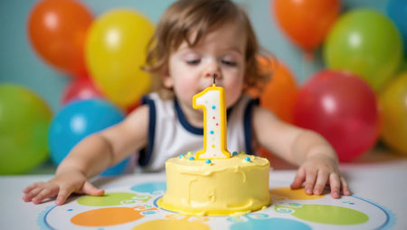 The joy of a first birthday! Baby's tiny, frosting-covered hands attempt to blow out the candle amidst a blur of bright colors and balloons.の素材