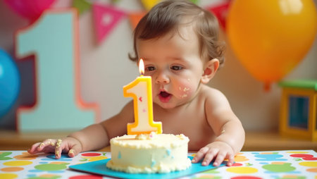 The joy of a first birthday! Baby's tiny, frosting-covered hands attempt to blow out the candle amidst a blur of bright colors and balloons.の素材