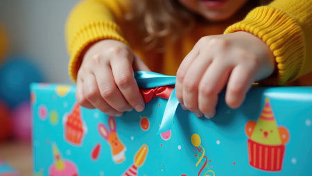 The joy of a birthday surprise! Child's hands tear open bright wrapping paper amidst a festive blur of confetti and balloons, full of excitement.の素材