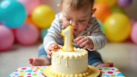 The joy of a first birthday! Baby's tiny, frosting-covered hands attempt to blow out the candle amidst a blur of bright colors and balloons.の素材