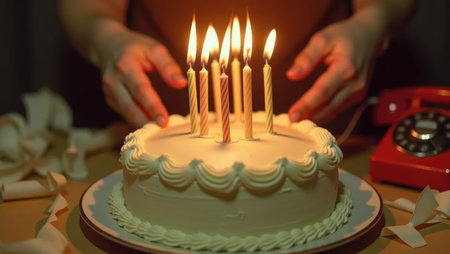 A wave of nostalgia! Hands blow out candles on a classic birthday cake in a warm, 70s-inspired setting with vintage decor and film texture.の素材