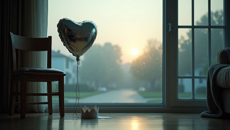 The quiet morning after a celebration. A lone balloon and a paper crown remain as a new day begins with a soft mist, symbolizing hope and reflection.の素材