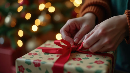 A moment of joyful anticipation: hands eagerly unwrap a festive gift. Torn paper and a soft bokeh background of Christmas lights create a magical atmosphere.の素材