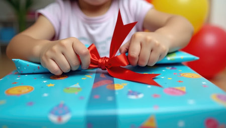 The joy of a birthday surprise! Child's hands tear open bright wrapping paper amidst a festive blur of confetti and balloons, full of excitement.の素材