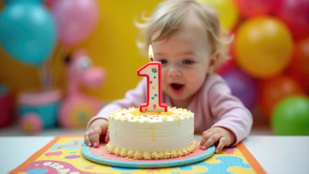 The joy of a first birthday! Baby's tiny, frosting-covered hands attempt to blow out the candle amidst a blur of bright colors and balloons.の素材