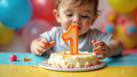 The joy of a first birthday! Baby's tiny, frosting-covered hands attempt to blow out the candle amidst a blur of bright colors and balloons.の素材