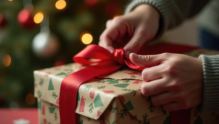 A moment of joyful anticipation: hands eagerly unwrap a festive gift. Torn paper and a soft bokeh background of Christmas lights create a magical atmosphere.の素材