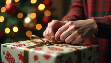 A moment of joyful anticipation: hands eagerly unwrap a festive gift. Torn paper and a soft bokeh background of Christmas lights create a magical atmosphere.の素材