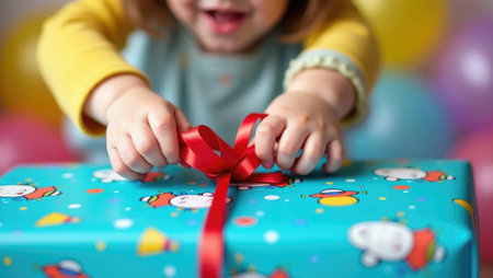The joy of a birthday surprise! Child's hands tear open bright wrapping paper amidst a festive blur of confetti and balloons, full of excitement.の素材