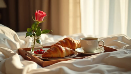 An intimate overhead view of a romantic breakfast tray served in bed. Croissants, coffee, and a rose create a scene of luxury and thoughtful surprise.の素材