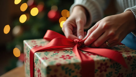 A moment of joyful anticipation: hands eagerly unwrap a festive gift. Torn paper and a soft bokeh background of Christmas lights create a magical atmosphere.の素材