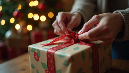 A moment of joyful anticipation: hands eagerly unwrap a festive gift. Torn paper and a soft bokeh background of Christmas lights create a magical atmosphere.の素材