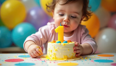 The joy of a first birthday! Baby's tiny, frosting-covered hands attempt to blow out the candle amidst a blur of bright colors and balloons.の素材