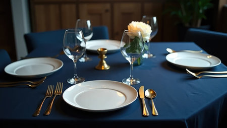 An elegant and minimalist dinner table set for guests. Navy tablecloth, gold cutlery, and soft lighting create a mood of sophisticated and intimate anticipation.の素材