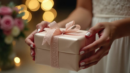 A romantic wedding moment. Hands unwrap an elegant white and gold gift amidst the beautiful blur of reception decorations, full of love and joy.の素材