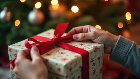 A moment of joyful anticipation: hands eagerly unwrap a festive gift. Torn paper and a soft bokeh background of Christmas lights create a magical atmosphere.の素材