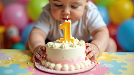 The joy of a first birthday! Baby's tiny, frosting-covered hands attempt to blow out the candle amidst a blur of bright colors and balloons.の素材