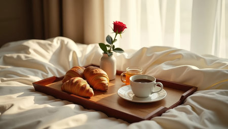 An intimate overhead view of a romantic breakfast tray served in bed. Croissants, coffee, and a rose create a scene of luxury and thoughtful surprise.の素材