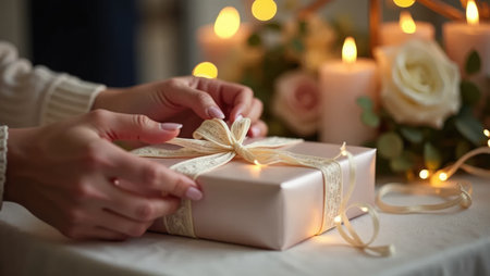 A romantic wedding moment. Hands unwrap an elegant white and gold gift amidst the beautiful blur of reception decorations, full of love and joy.の素材