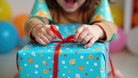 The joy of a birthday surprise! Child's hands tear open bright wrapping paper amidst a festive blur of confetti and balloons, full of excitement.の素材