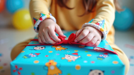 The joy of a birthday surprise! Child's hands tear open bright wrapping paper amidst a festive blur of confetti and balloons, full of excitement.の素材