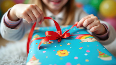 The joy of a birthday surprise! Child's hands tear open bright wrapping paper amidst a festive blur of confetti and balloons, full of excitement.の素材
