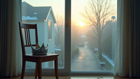 The quiet morning after a celebration. A lone balloon and a paper crown remain as a new day begins with a soft mist, symbolizing hope and reflection.の素材