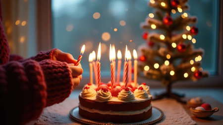 A unique Christmas birthday! Cozy hands in a knit sleeve blow out candles, surrounded by the warm glow of Christmas lights and winter magic.の素材