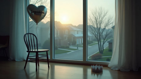 The quiet morning after a celebration. A lone balloon and a paper crown remain as a new day begins with a soft mist, symbolizing hope and reflection.の素材