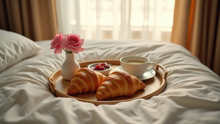 An intimate overhead view of a romantic breakfast tray served in bed. Croissants, coffee, and a rose create a scene of luxury and thoughtful surprise.の素材