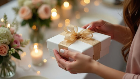 A romantic wedding moment. Hands unwrap an elegant white and gold gift amidst the beautiful blur of reception decorations, full of love and joy.の素材