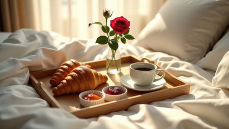 An intimate overhead view of a romantic breakfast tray served in bed. Croissants, coffee, and a rose create a scene of luxury and thoughtful surprise.の素材