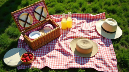 An inviting summer picnic setup on a grassy lawn. Wicker basket, checkered blanket, and fresh food await the arrival of friends for a sunny day out.の素材