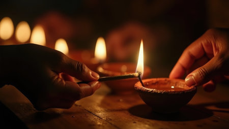 A powerful moment of ignition: hands light a traditional oil lamp, symbolizing hope and victory of light over darkness. The warm glow creates a serene, spiritual atmosphere.の素材