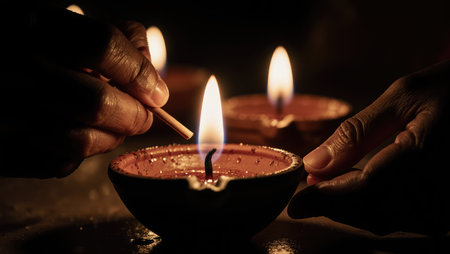A powerful moment of ignition: hands light a traditional oil lamp, symbolizing hope and victory of light over darkness. The warm glow creates a serene, spiritual atmosphere.の素材