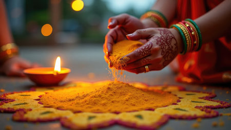 An overhead view of a detailed rangoli design with a brightly burning diya lamp. Scattered colored powder adds to the festive and artistic atmosphere of Diwali. Dashahra, India.の素材
