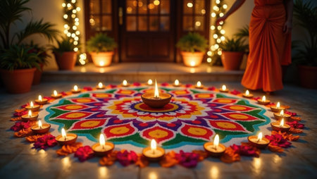 Dashahra, India. A completed rangoli dazzles at a home's entrance, surrounded by dozens of flickering oil lamps. The scene is a burst of light and joy for the festival of Diwali.の素材