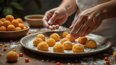 Hands carefully arrange traditional sweets on a large platter for a Diwali celebration, capturing the love and effort behind the festival preparations.の素材