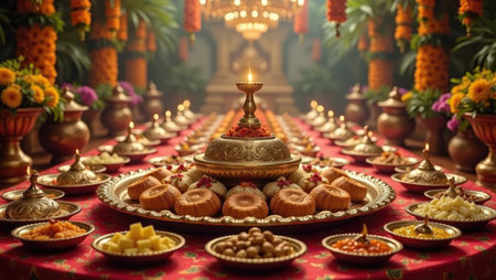 A lavish Diwali feast table overflowing with sweets, snacks, and lit oil lamps. A scene of abundance, joy, and generous hospitality for the festival of lights.の素材