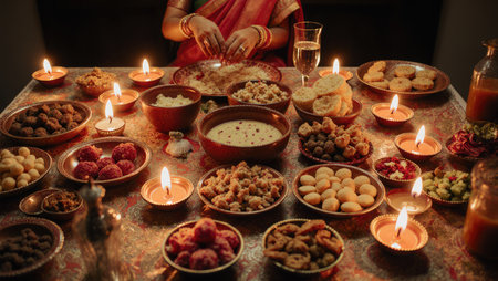 A lavish Diwali feast table overflowing with sweets, snacks, and lit oil lamps. A scene of abundance, joy, and generous hospitality for the festival of lights.の素材