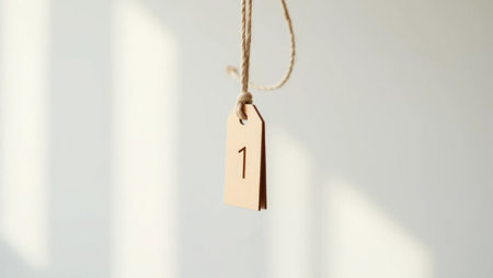 A tiny wooden number tag hangs on a rustic rope against a white background. Simple, elegant, and perfect for modern education or lifestyle themes.の素材
