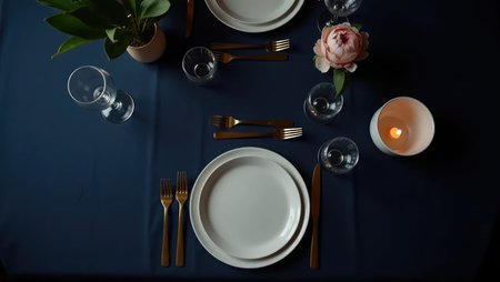 An elegant and minimalist dinner table set for guests. Navy tablecloth, gold cutlery, and soft lighting create a mood of sophisticated and intimate anticipation.の素材